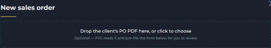New sales order modal with a drop zone reading 'Drop the client's PO PDF here, or click to choose.'