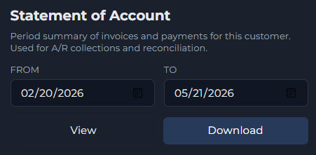 Statement of Account panel with date range pickers and View / Download buttons.